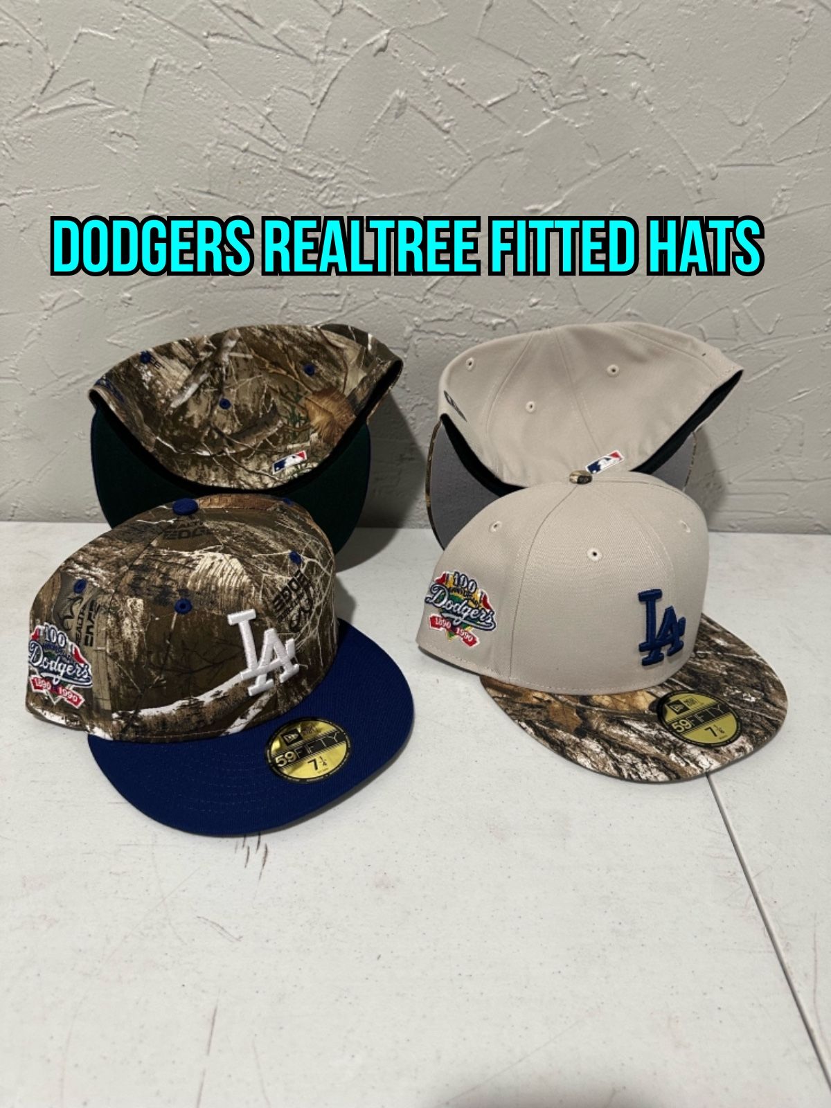 MLB New Era Los Angeles Dodgers Realtree Camouflage Blue Brim And Off White Camouflage Brim 100th Anniversary Patch Check Description For Sizes 