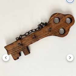 Vintage 70s Wooden Key Shaped 4 Hook Wood Wall Mounted Holder 7.25" L