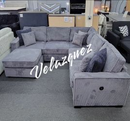 ✅️✅️4 pc dark grey corduroy fabric upholstered sectional sofa with USB plugs and ottoman✅️✅️