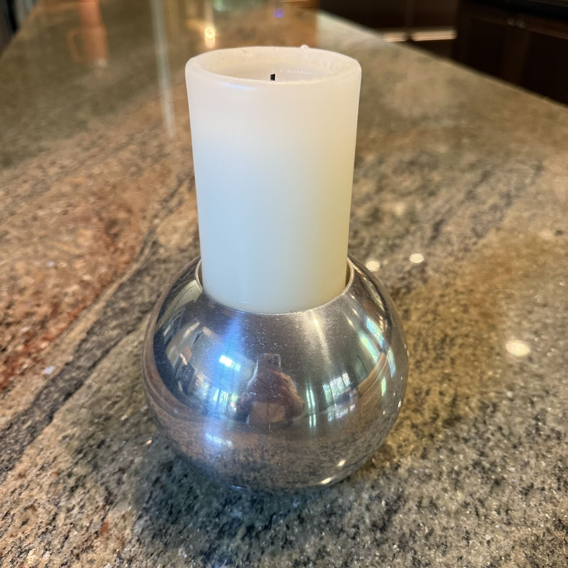 IKEA Decorative Accent Candle Round Silver Holder White Pillar Candle