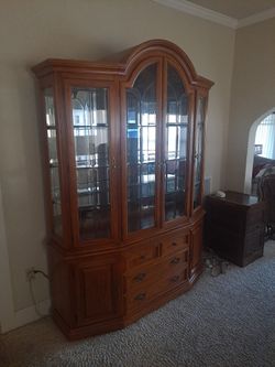 Large Wood China Cabinet with Leaded Glass Doors