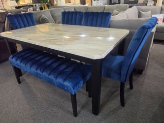 BRAND NEW WHITE FAUX MARBLE DINING TABLE (60"×42"×30"H) + 4 BLUE VELVET CHAIRS + BENCH