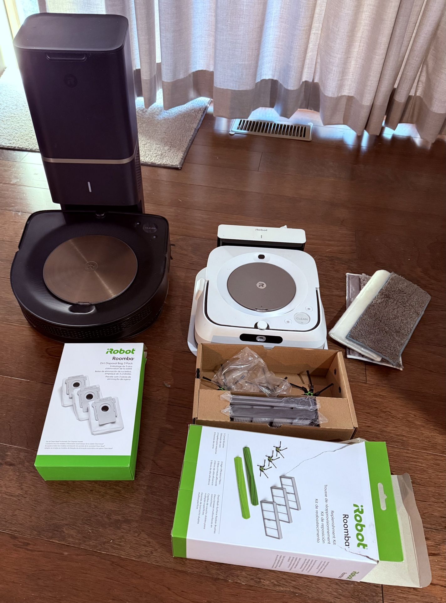 iRobot Roomba S9+ self emptying vacuum & Braava Jet M6 mop w extra brushes, filters & disposal bags.