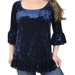 Crushed velvet off shoulder bell sleeves flutter hem blue top women’s Size Small