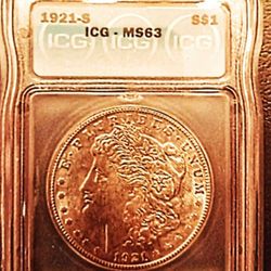 Beautiful Rare 1921 S MS63 ICG Certified Morgan Silver Dollar, Great Addition To Any Collection 