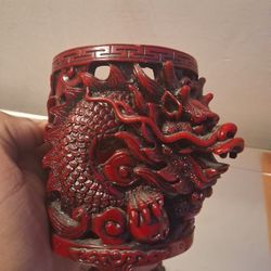 Hand-Carved Red Resin Chinese Dragon Mug (Decorative)