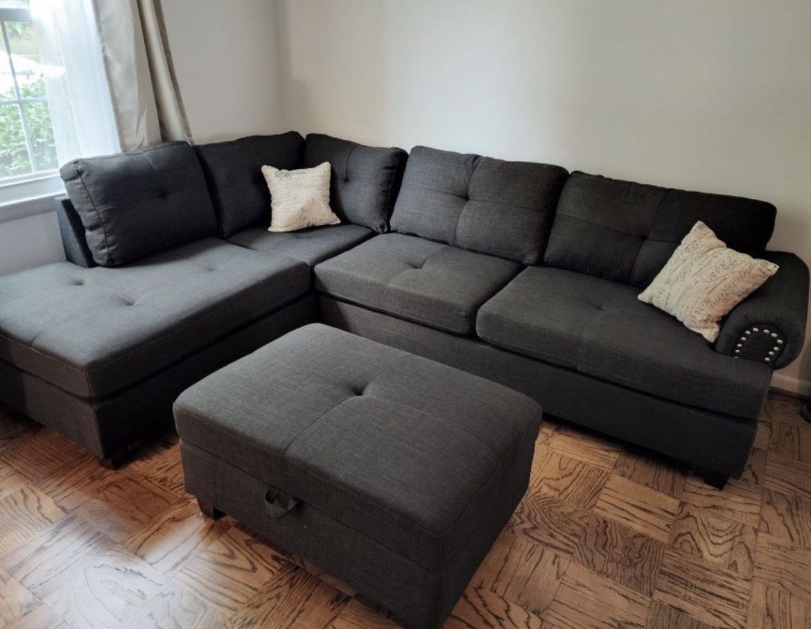 New Black Sectional Sofa Couch With Ottoman (new In 3 Boxes)