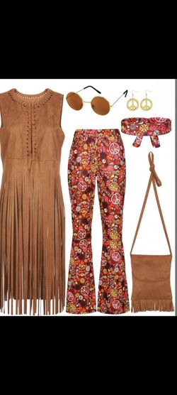 E64) Pieces 60s 70s Women Hippie Costume Fringe Vest Bag Pant Headband for Disco
