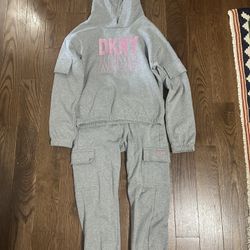 DKNY Girls Jogger Set (Size 6) – Gray Hoodie & Cargo Sweatpants – Comfy & Stylish
