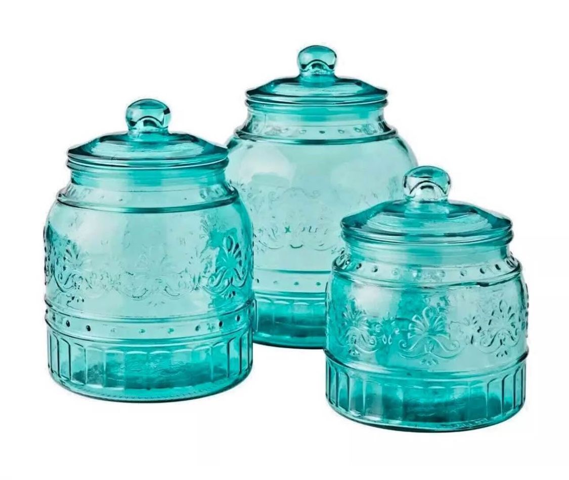 Pioneer Woman 3pc Teal embossed Glass Canister set Farmhouse Kitchen