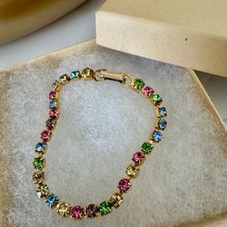 Women’s/Girls’ Bracelet Multi-Colored Crystal Tennis Bracelet , Bezel Set, Gold Tone. 7” long
