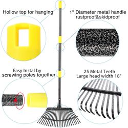 Heavy Duty Alloy Steel Metal Garden Leaves Grass Rake Adjustable Long Handle New Condition 