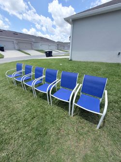 6 outdoor patio chairs (blue and white) for sale