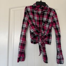 Papaya Pink Plaid Tie-Front Flannel Crop Shirt | Soft Grunge Y2K Vibes | Size S