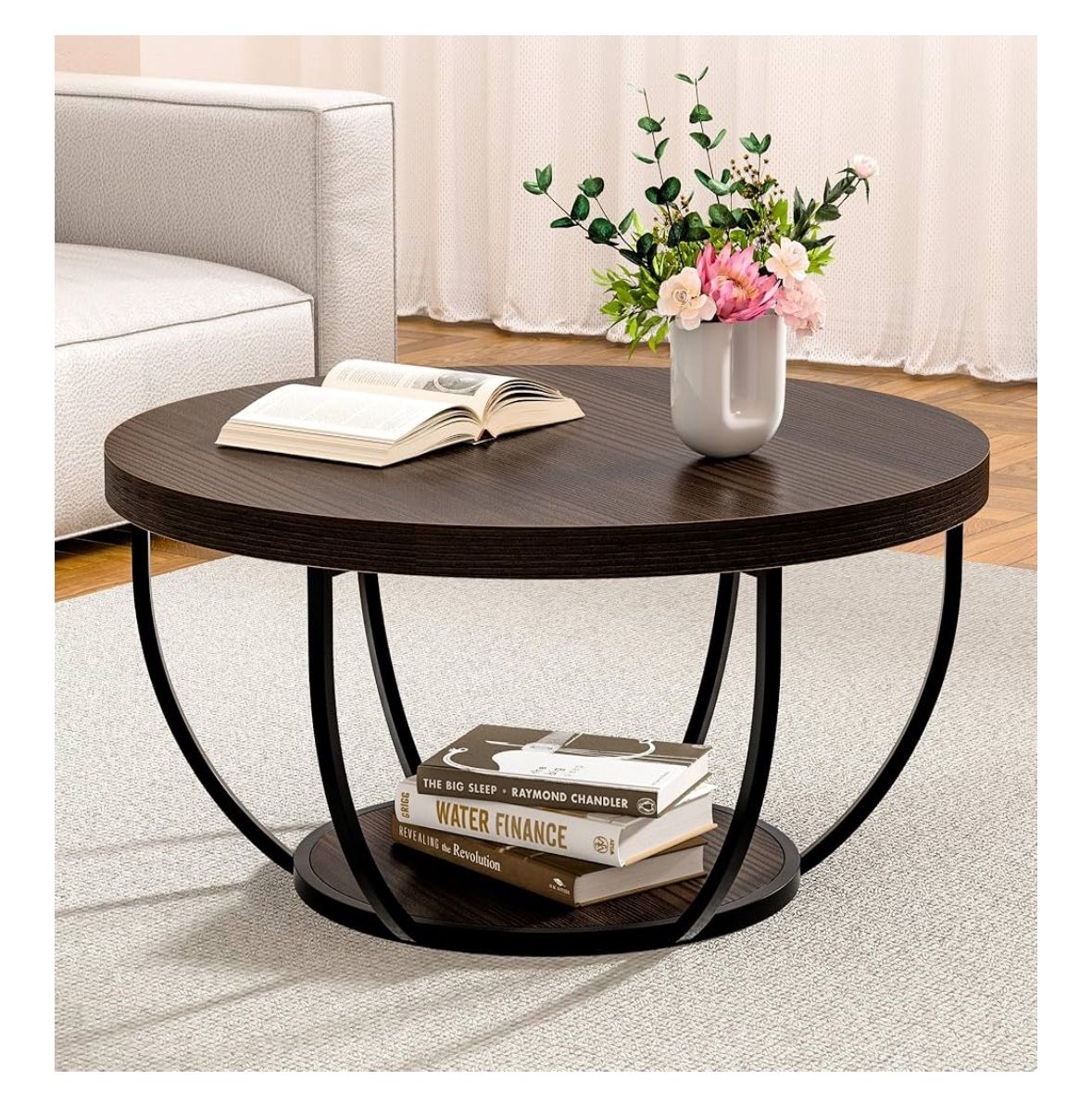 Terol Round Coffee Table with 2-Layer Storage