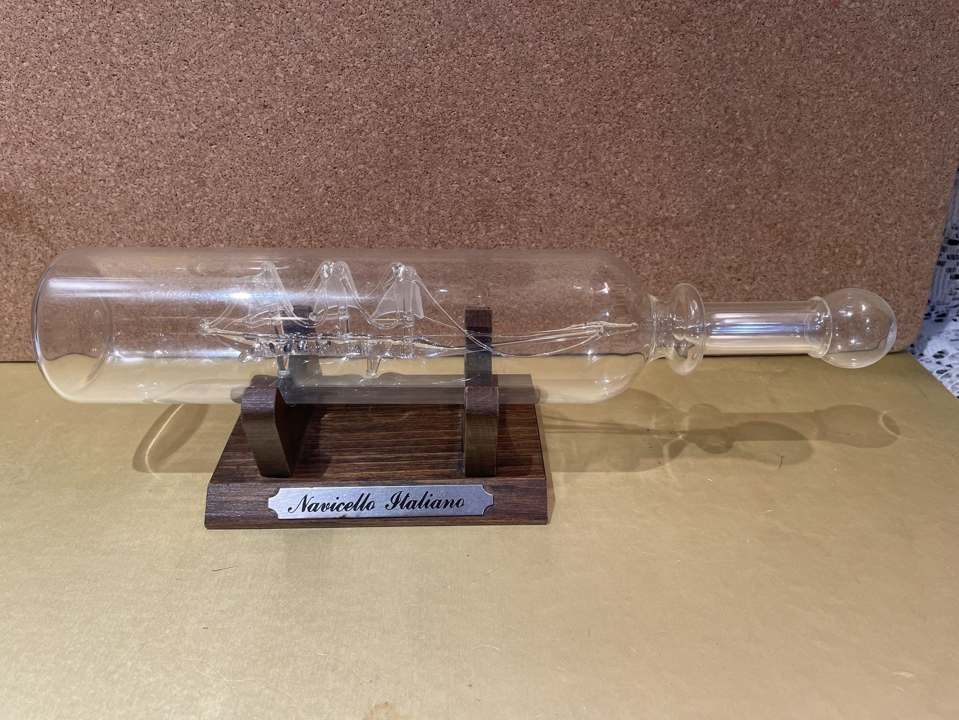 Vintage Spun Glass Victory Ship in a Bottle with Wood Stand - Made in Italy Collectible