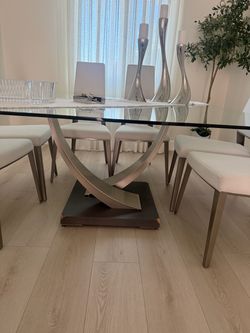 Glass Top Dining Table with Sculptural Metal Base