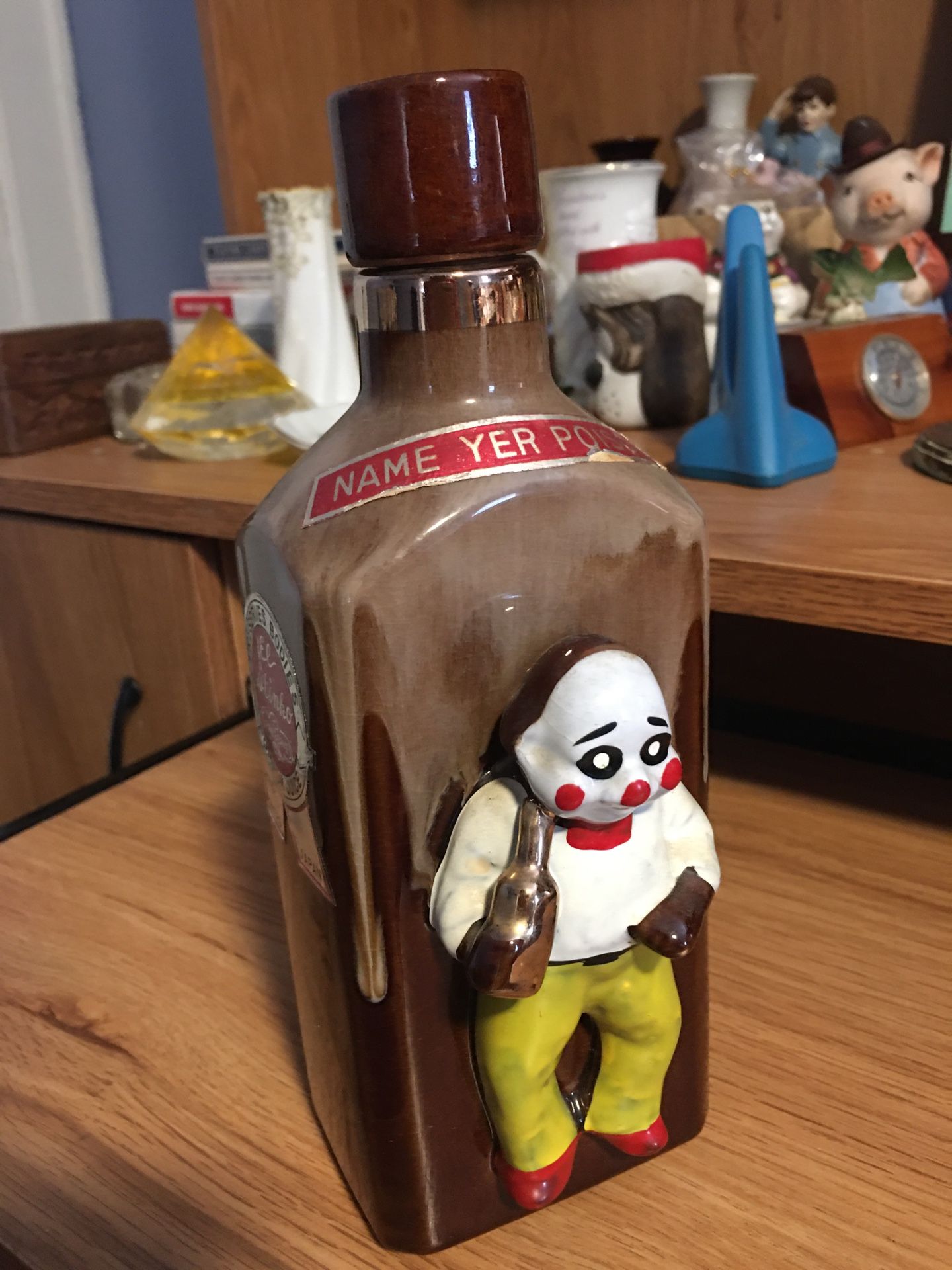 1950's Redware Liquor Bottle El Stinko Pom Pom Juice