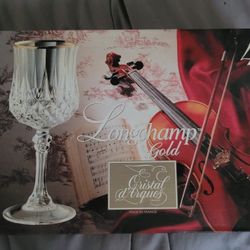 (4) Longchamp Gold Rimmed Crystal Wine Glasses - New In Box 