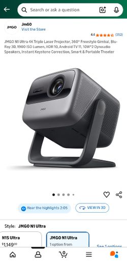 JMGO N1 Ultra 4K Triple Laser Projector, 360° Freestyle Gimbal, Blu- Ray 3D, 1900 ISO Lumen, HDR 10, Android TV 11, 10W*2 Dynaudio Speakers,