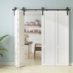 76" Bi-Folding Sliding Barn Door Hardware Track Kit, Heavy Duty Side Mounted Black Roller for 4 Doors, Smooth & Quiet Bifold Door Hardware, Easy to In