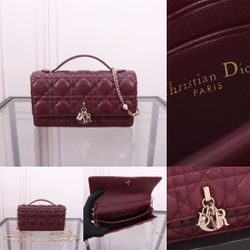 D Lambskin Cannage Mini Lady Bag Burgundy            21 x 11.5 x 4.5  cm