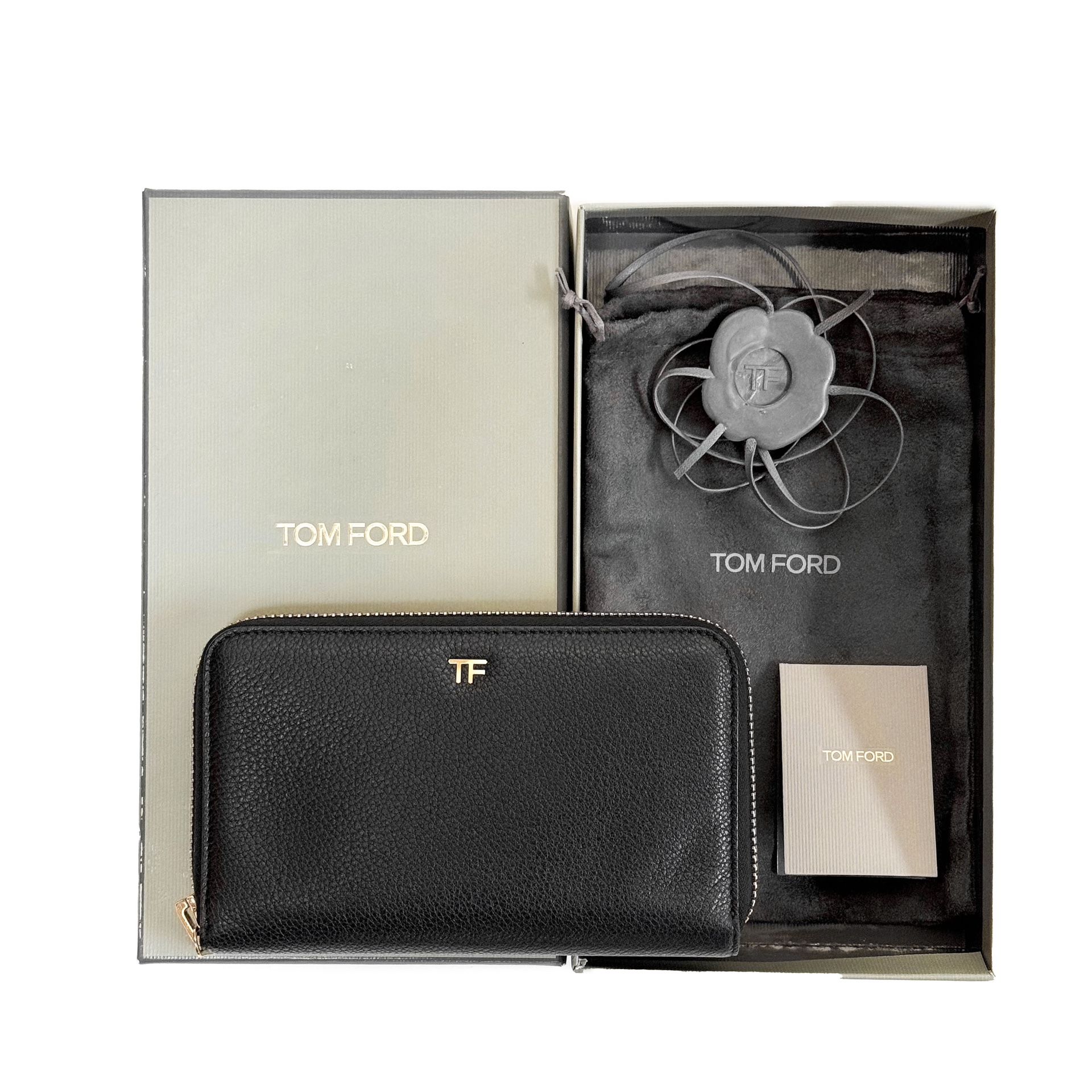 Tom Ford TF GOLD Black grain leather travel zip around bifold Wallet