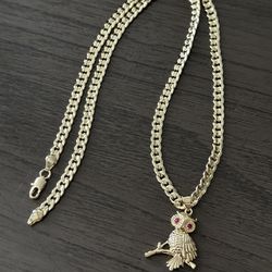 Cuban Chain In Gold Filled With Owl Pendant