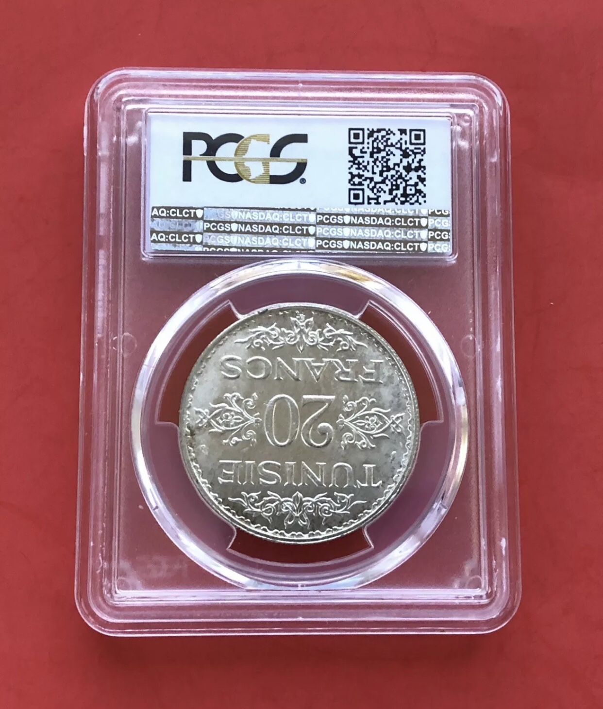TUNISIA-AH 1353(AD1934 )SILVER COI 20 FR.,GRADED BY PCGS MS65.RARE! LOW MINTAGE