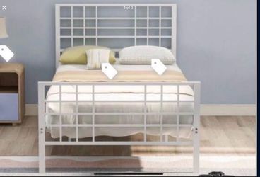 White Metal Bed Frame Twin-Size with Headboard and Footboard Single Platform Bed