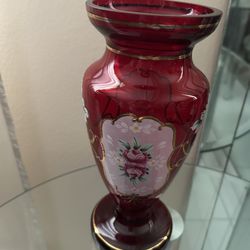 Vintage Vase. Bohemian BYTEP Art Glass Cranberry Red Hand Blown and Hand Painted Roses Vase Gold Trim. 9,5”H. Victorian Style.Very Rare.