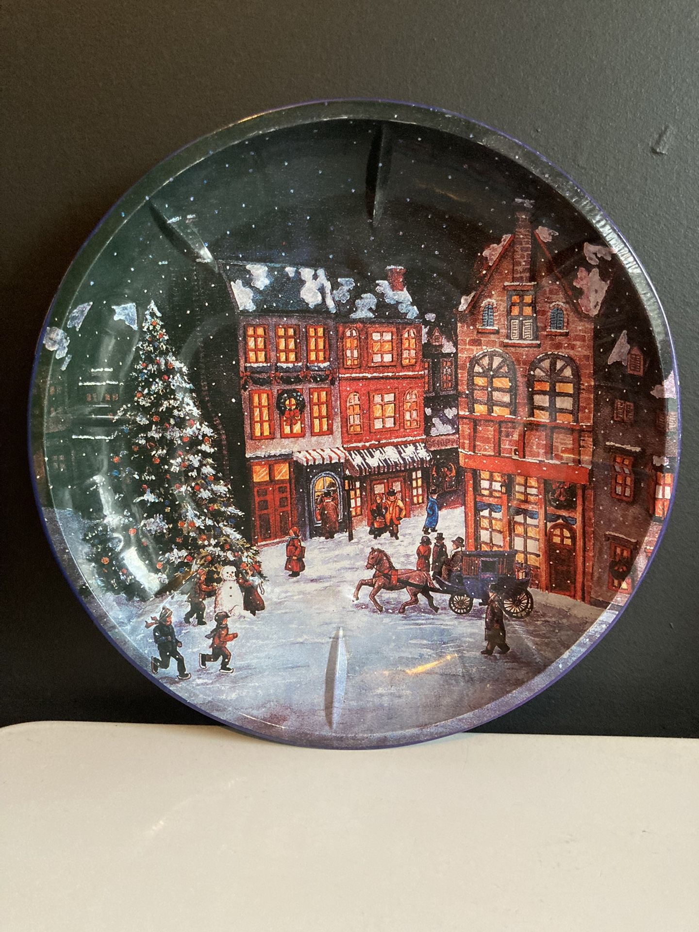 Vintage Christmas Tin Cookie Serving Tray Pan Winter Night