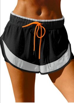 Fisoew Women’s Mesh Athletic Shorts S Black/Gray/Orange Drawstring Pocket
