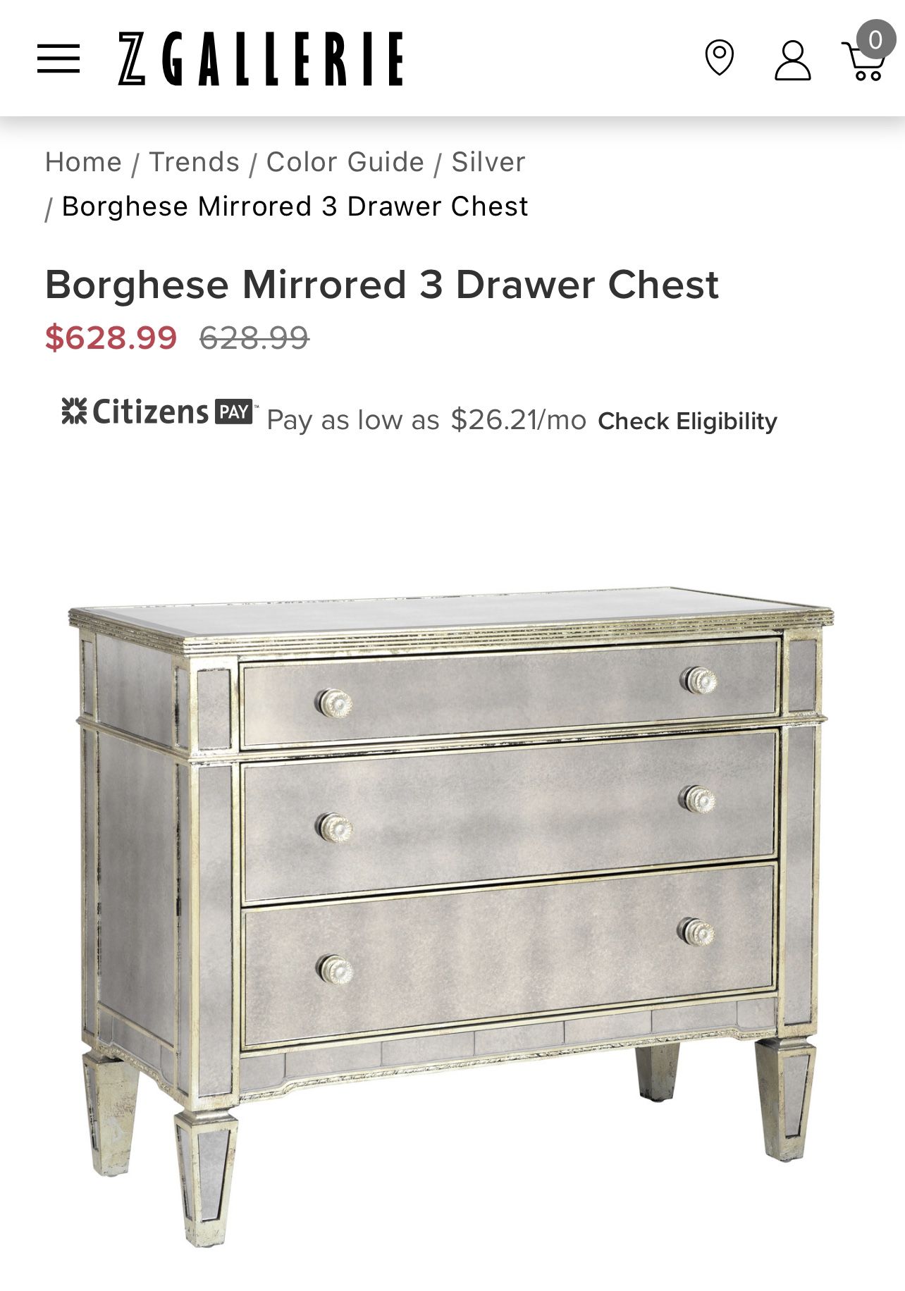 Z Gallerie Borghese Mirrored 3 Drawer Dresser