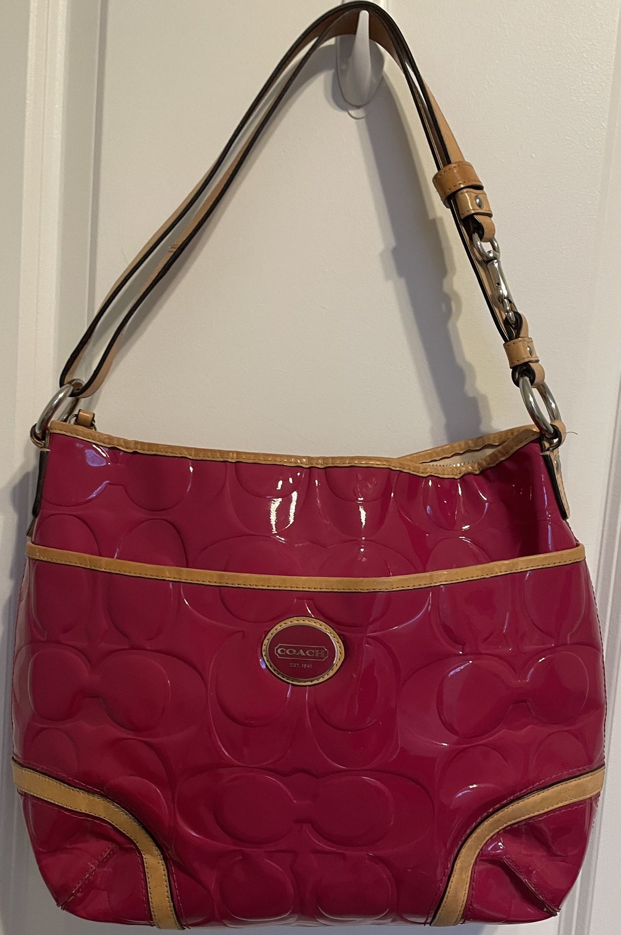 COACH Peyton Embossed Genuine Leather Convert HOBO Handbag Pink-Tan F20022