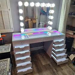 Brand New Vanity 13 Drawers W/ RGB & LED Light On Desk XL Hollywood Mirror $1599