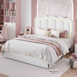 SHA CERLIN Queen Upholstered Size Bed Frame With LED Lights, Adjustable Velvet Headboard With Wavy Design, Noise Free, Wooden Slats Platform Bed, Easy