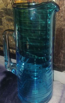 Blue Glass Pitcher with Ribbed Design