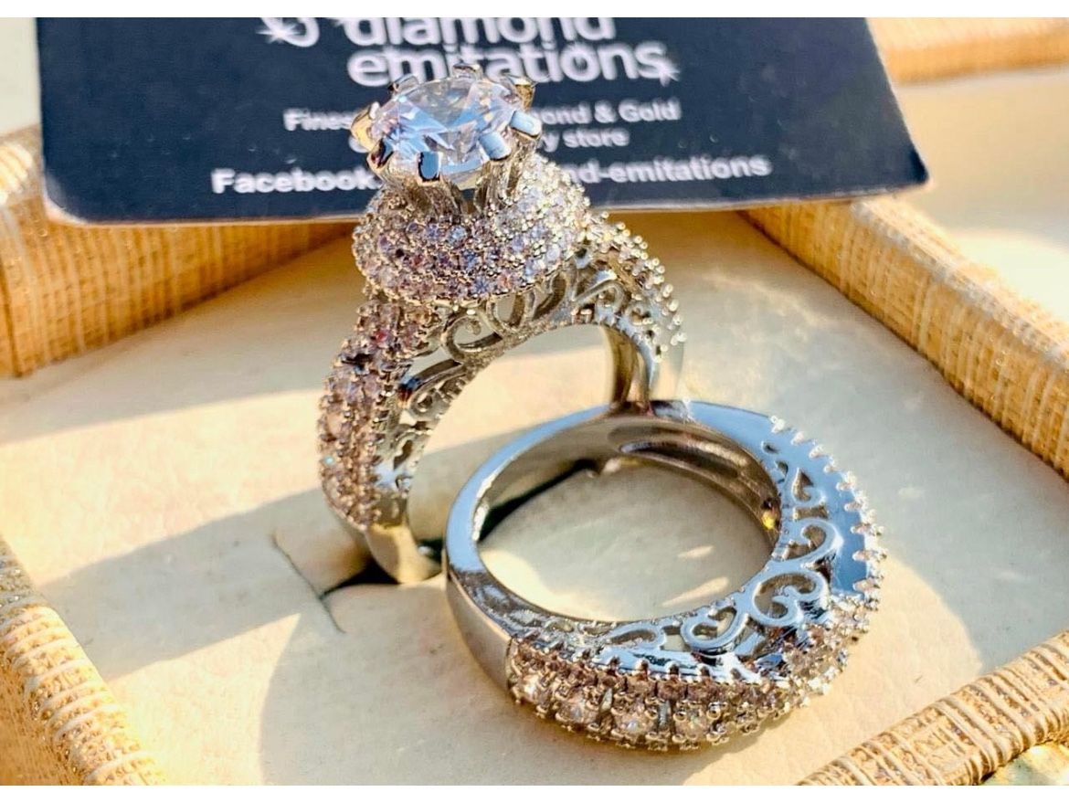 RHODIUM PLATED Silver double rings with real zircons (Size 7)