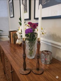 Pair vintage hand-turned wooden candlesticks topped polished brass sockets