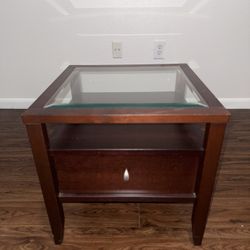 Modern Dark Wood End Table w/ Glass Top & Drawer 
