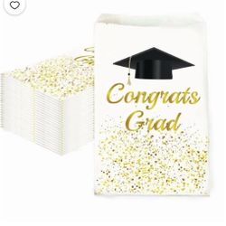 Graduation Season Gift Bags with "Congrats Grad" & Grad Cap Design, 10-Pack White Gold Confetti Paper Bags, Graduation Party Favor Bags for High Schoo