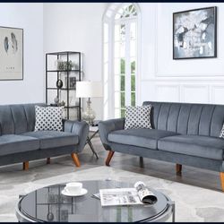 ✅️✅️2 pc grey velvet fabric mid century modern sofa and love seat set Langley street wooten✅️✅️