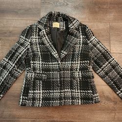 Elie Tahari Womens 6 Boxy Chunky Bouclé Plaid Blazer Jacket Black/White Luxe, good condition 