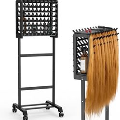 Black Braiding Hair Rack, Double Sided Braid Rack with 4 Wheels and 2 Storage Shelf, Wooden Hair Racks for Braiders Standing Braid Rack, Hair Separato