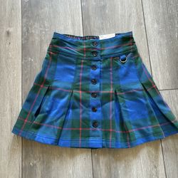 Blue and Green Plaid High-Rise Button-Front Pleated Skirt - Size 0