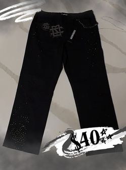 Black Rhinestone Straight Fit Stretch Jeans With Pocket Chain 38x30