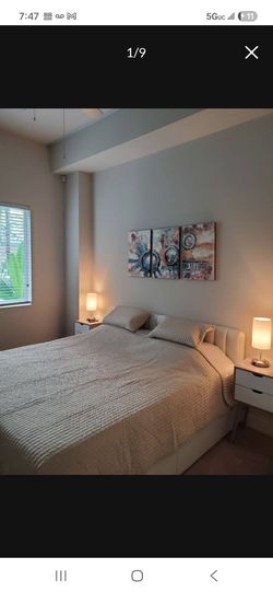 everything in the picture. king bed with mattress (used only 1 year. mattress very good quality) 2 bedside tables..table with chairs.. and more..see p
