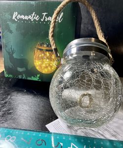 1 x CRACKLE GLASS SOLAR FAIRY LIGHT HANGING LANTERN JAR DECOR BACKYARD PATIO GARDEN ROMANTIC OUTDOORS UNIQUE GIFT (NEW)