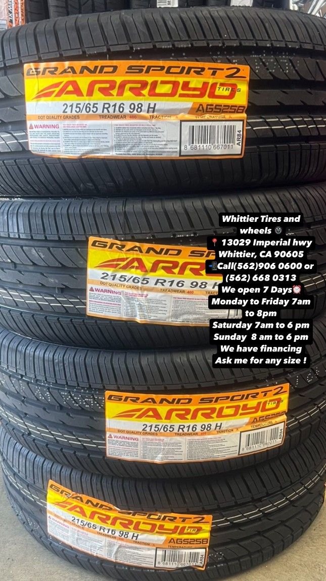 215/65R16 ARROYO SET OF NEW TIRES  , INCLUDING MOUNTING AND BALANCING. ASK ME FOR ANY SIZE OR BRAND, WE HAVE THE BEST PRICES OF CALIFORNIA